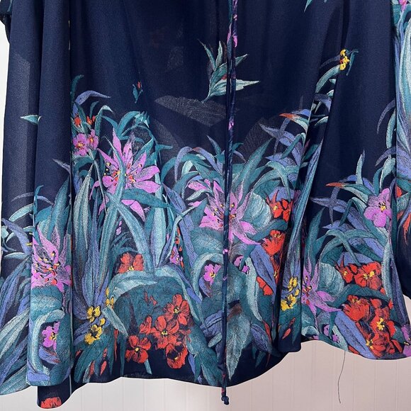 Vintage 70s Floral Pleated Midi Dress Navy Blue Long Sleeve Peplum Tie Waist - Picture 10 of 14